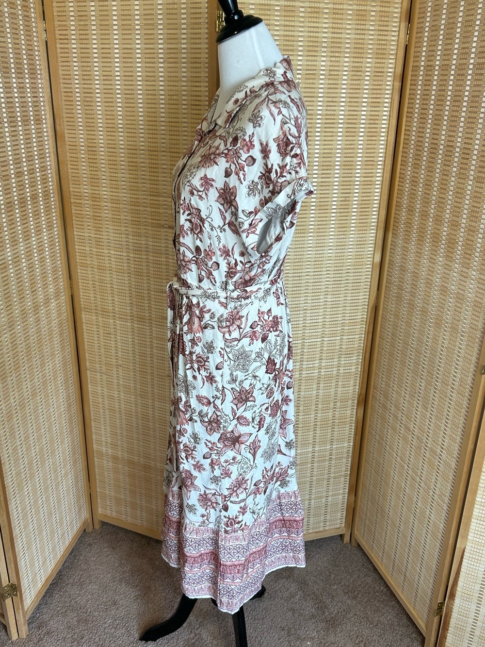 NWT Lucky Brand Floral Button-Front Midi Dress in Cream and Brown - Picture 4 of 10